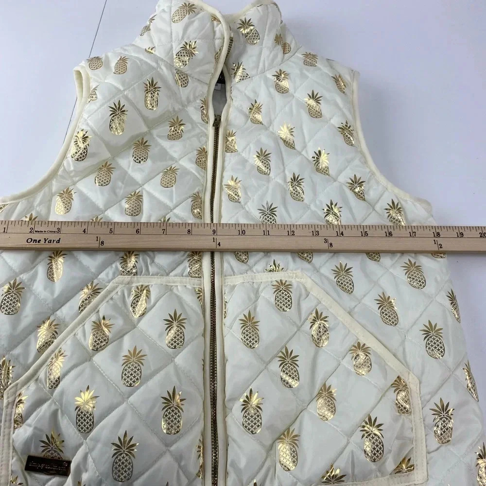 Simply Southern Womens Small Ivory Gold Pineapple Puffer Vest Full Zip Pockets - Picture 4 of 6